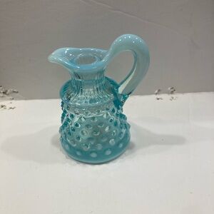 Vintage Aqua Blue Opalescent Hobnail Blue Glass Art 4 inch Pitcher No Flaws!